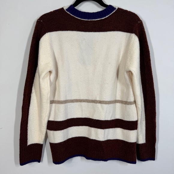 EXUS Striped Knit Sweater V-Neck Brown Cream Blue Size M Women’s Casual Pullover - Picture 10 of 13